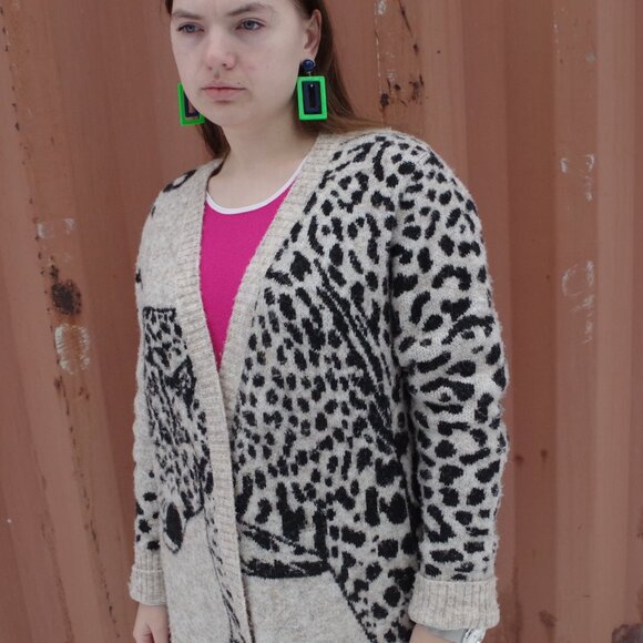 Leopard Print & Leopard Face On Women's Cardigan Sweater - Picture 2 of 6